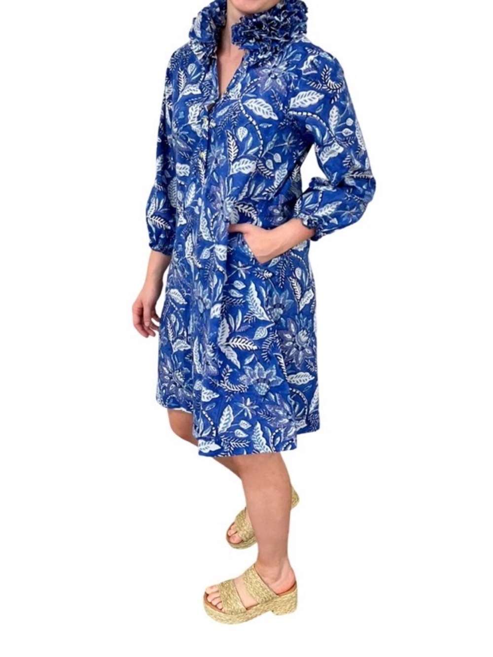 **NWT** LIZA BYRD MARIA RUFFLE COLLAR BLUE HAND BLOCK PRINTED DRESS XXL (14-16)